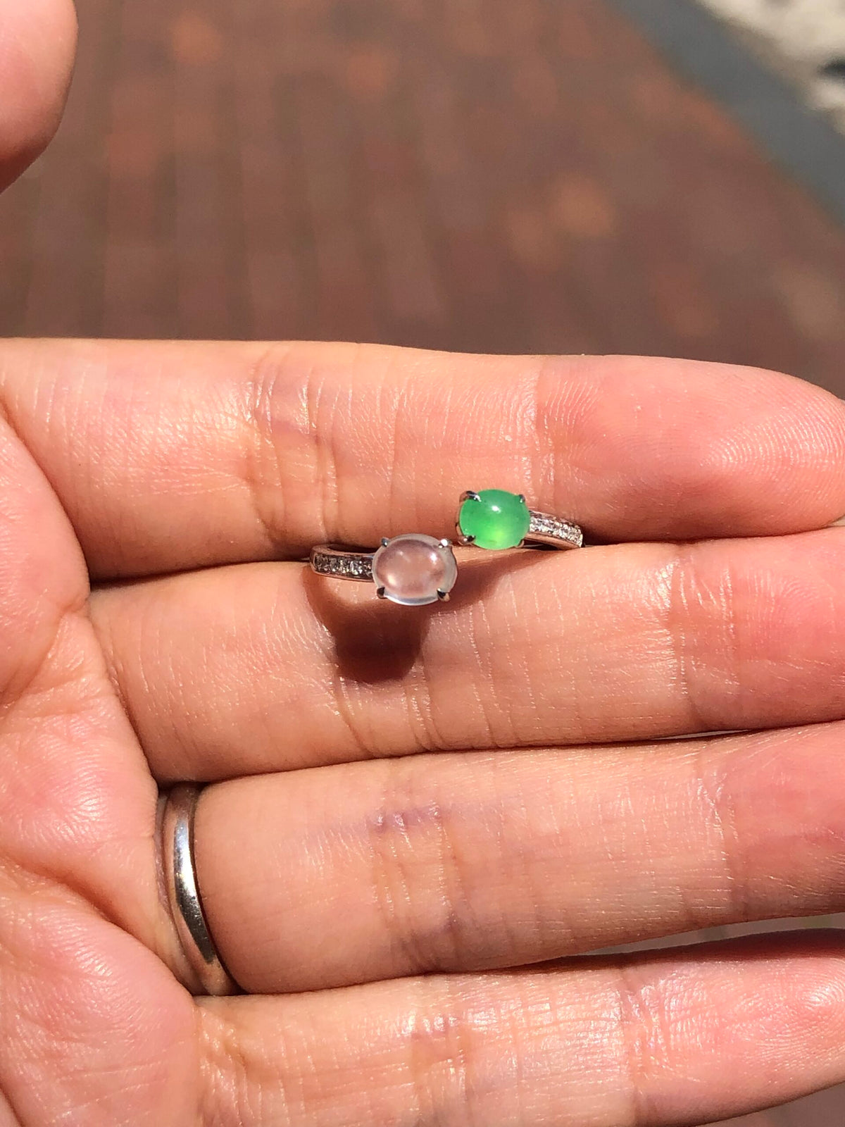 Green and Icy Jade Cabochons Ring