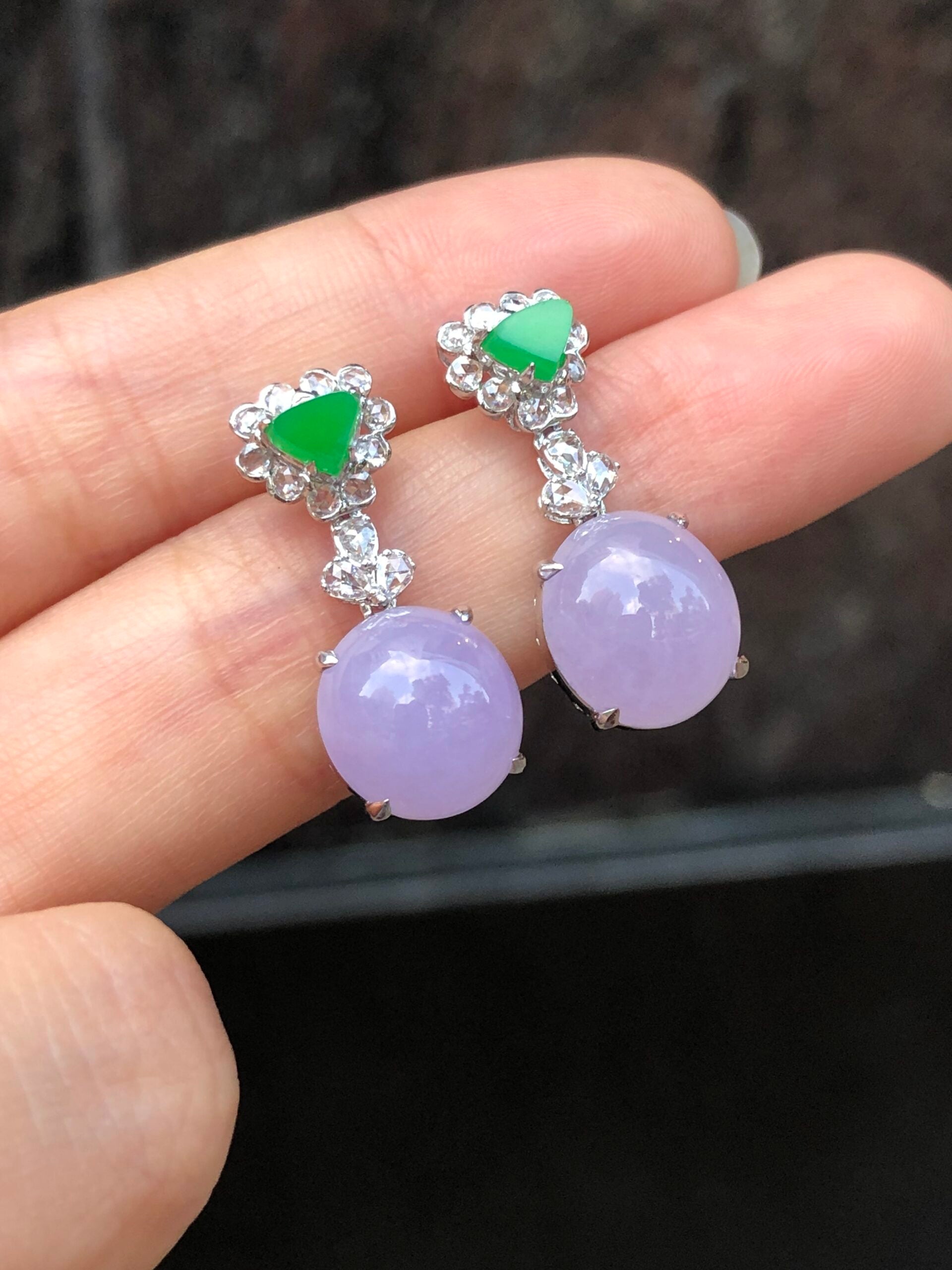 Icy Lavender Cabochons With Green Jade Earrings