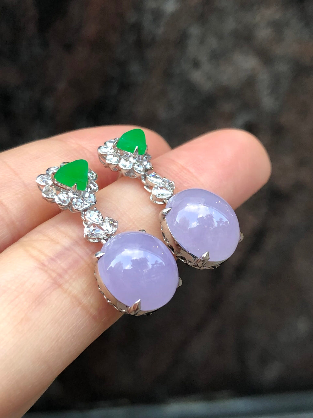 Icy Lavender Cabochons With Green Jade Earrings