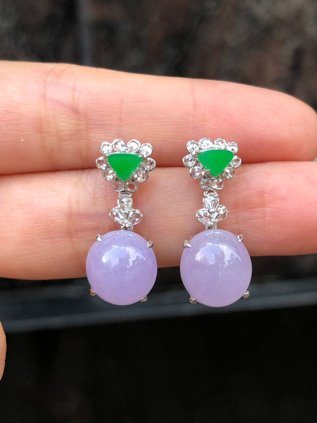 Icy Lavender Cabochons With Green Jade Earrings