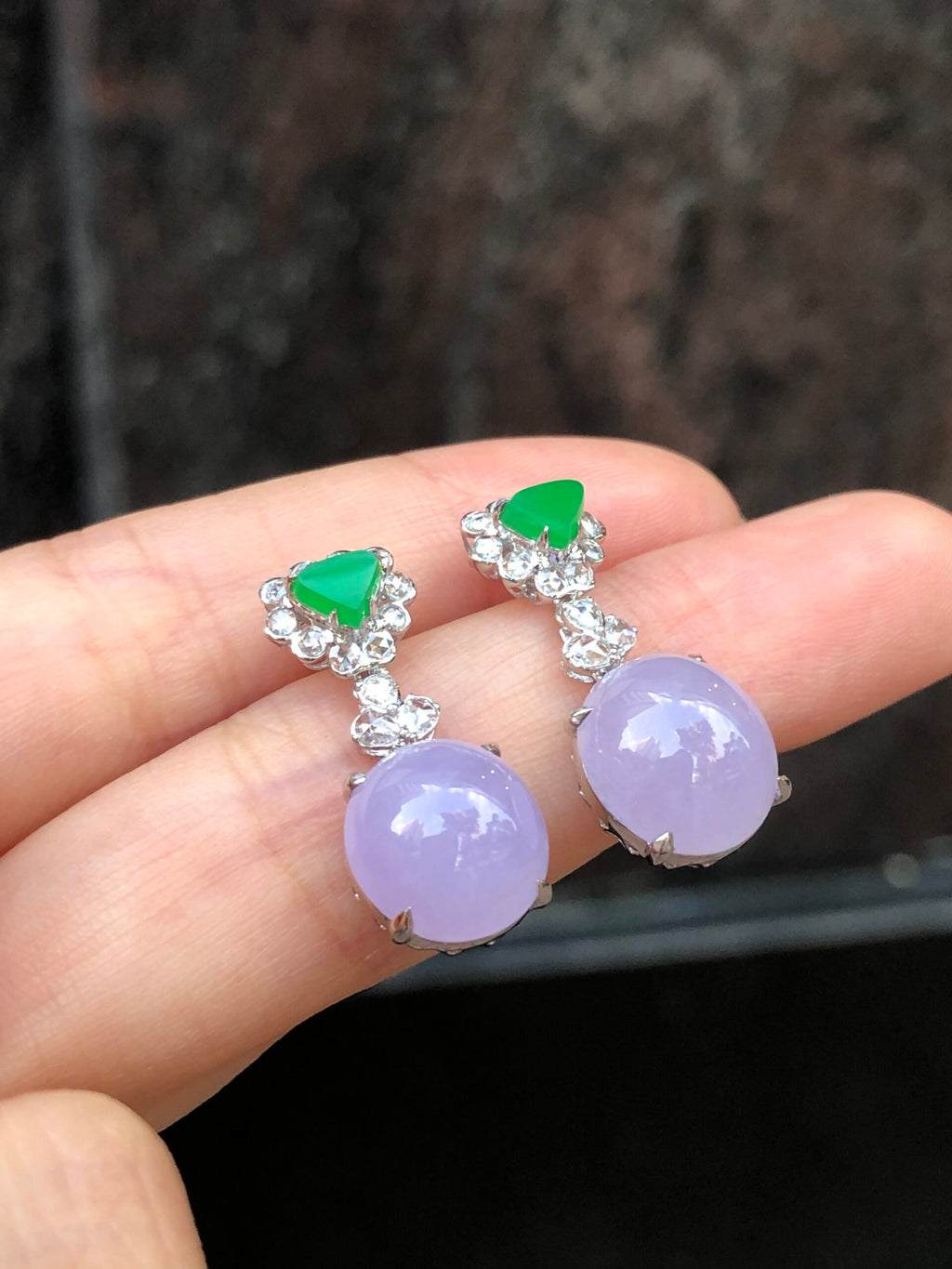 Icy Lavender Cabochons With Green Jade Earrings
