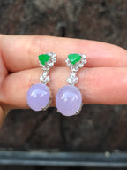 Icy Lavender Cabochons With Green Jade Earrings