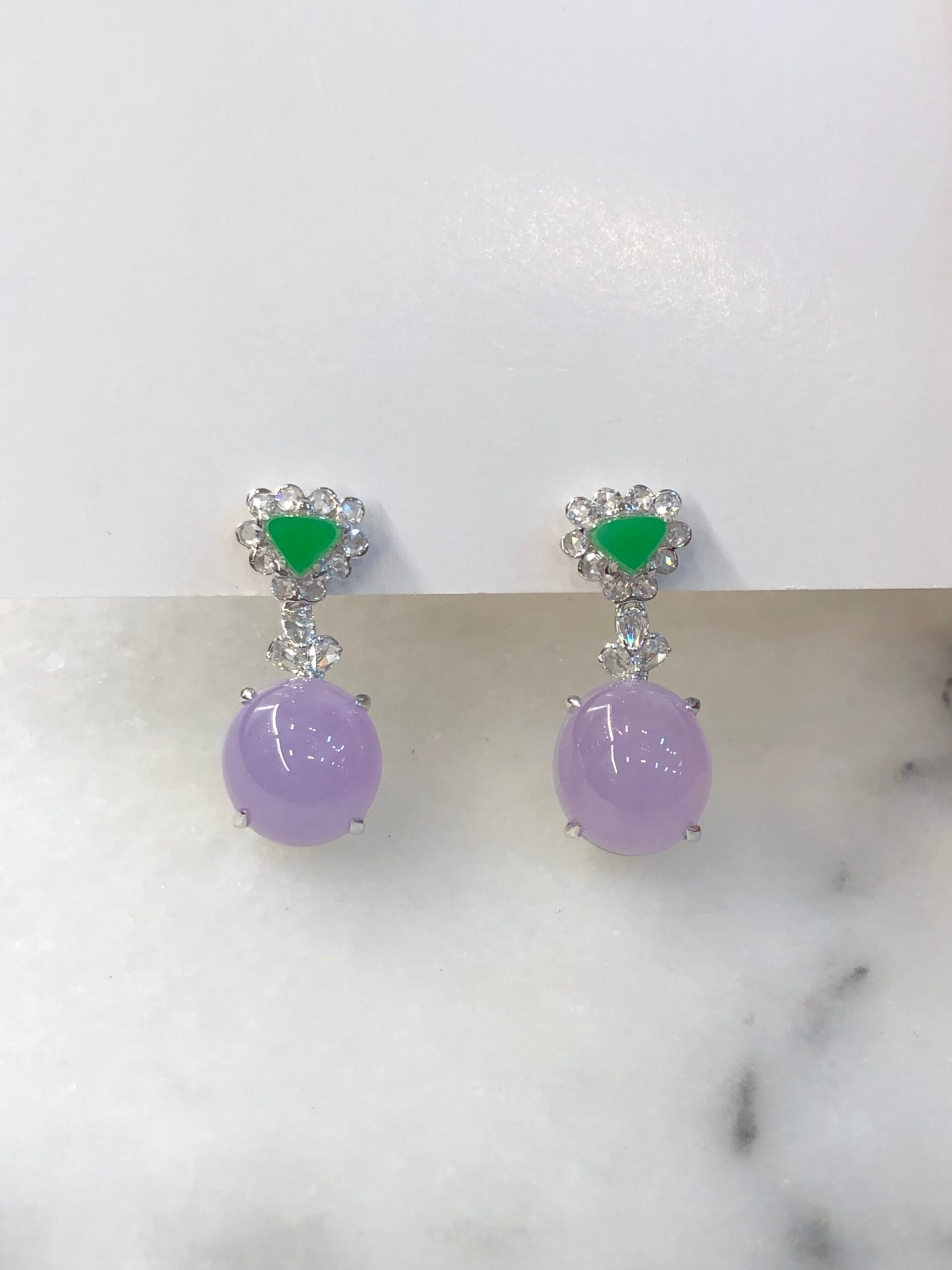 Icy Lavender Cabochons With Green Jade Earrings