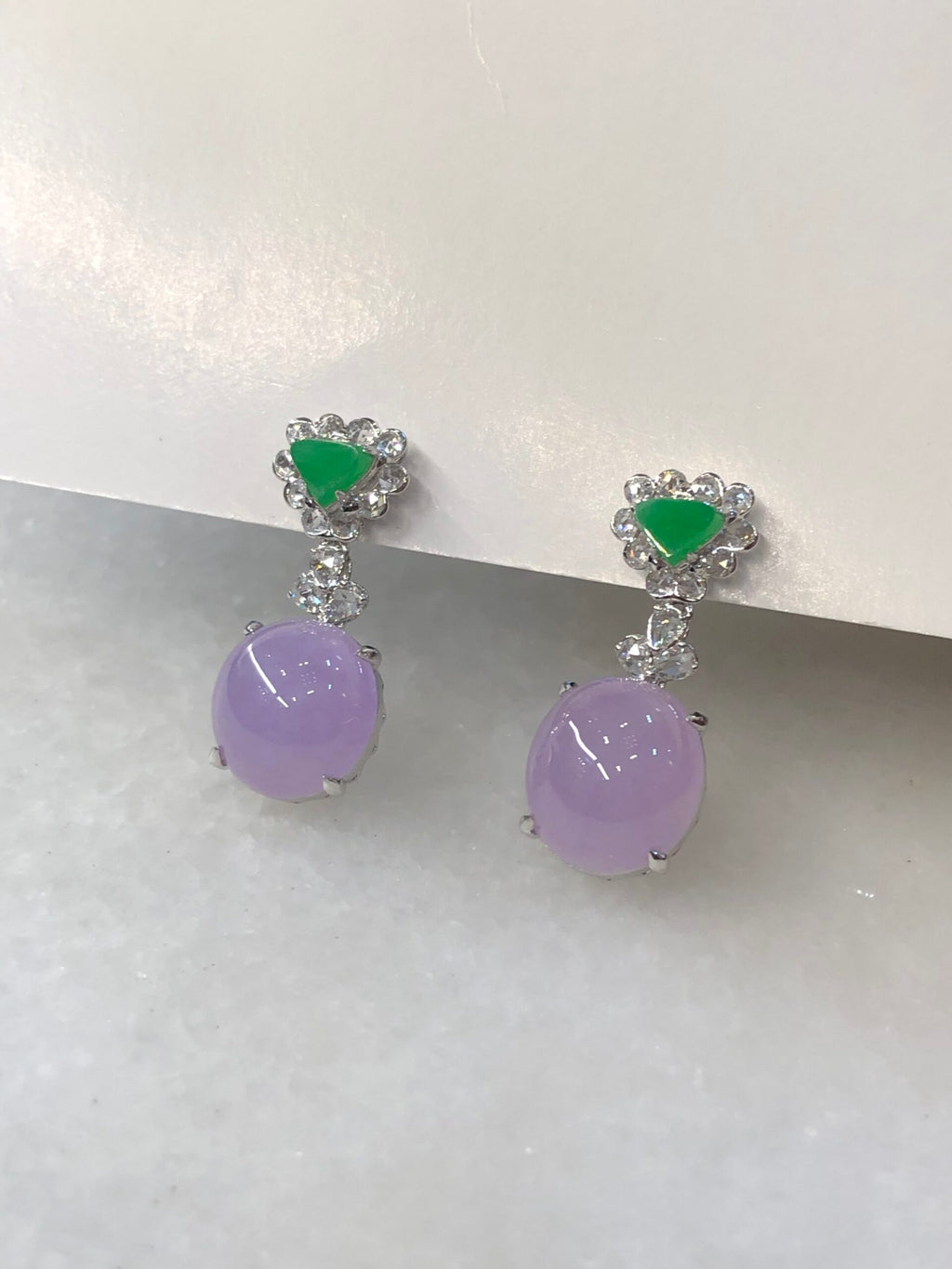 Icy Lavender Cabochons With Green Jade Earrings