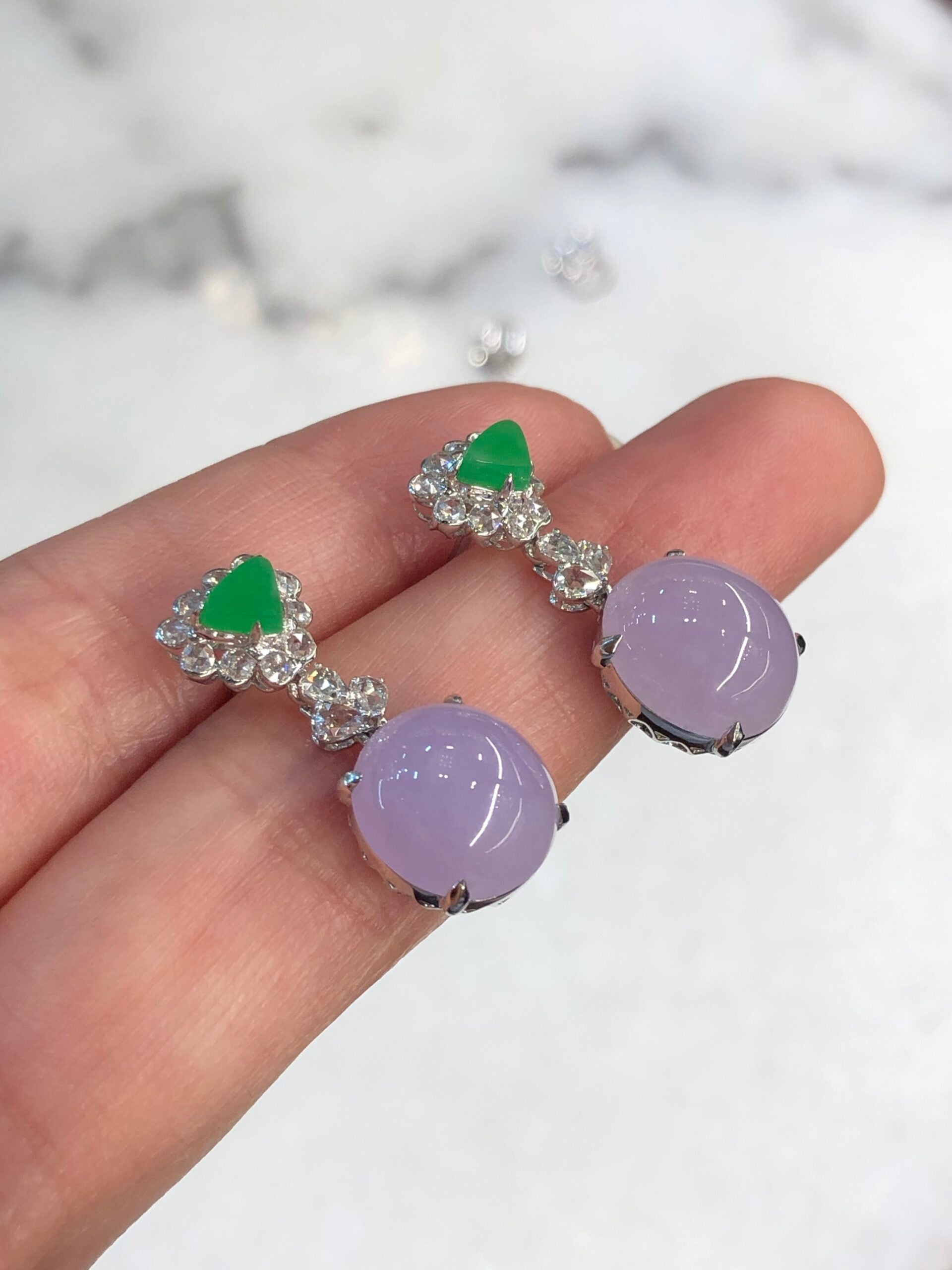 Icy Lavender Cabochons With Green Jade Earrings