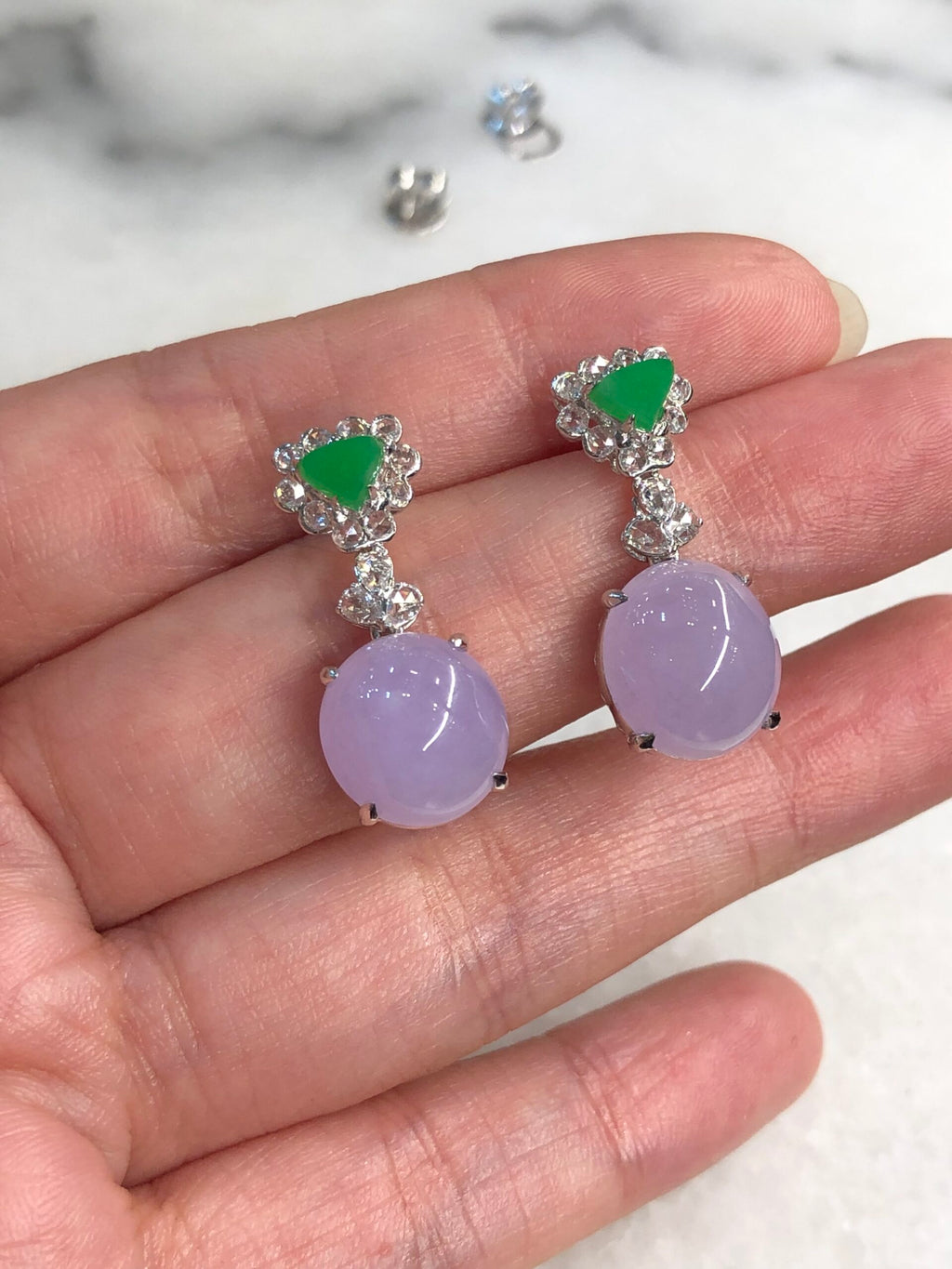 Icy Lavender Cabochons With Green Jade Earrings