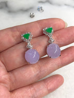 Icy Lavender Cabochons With Green Jade Earrings