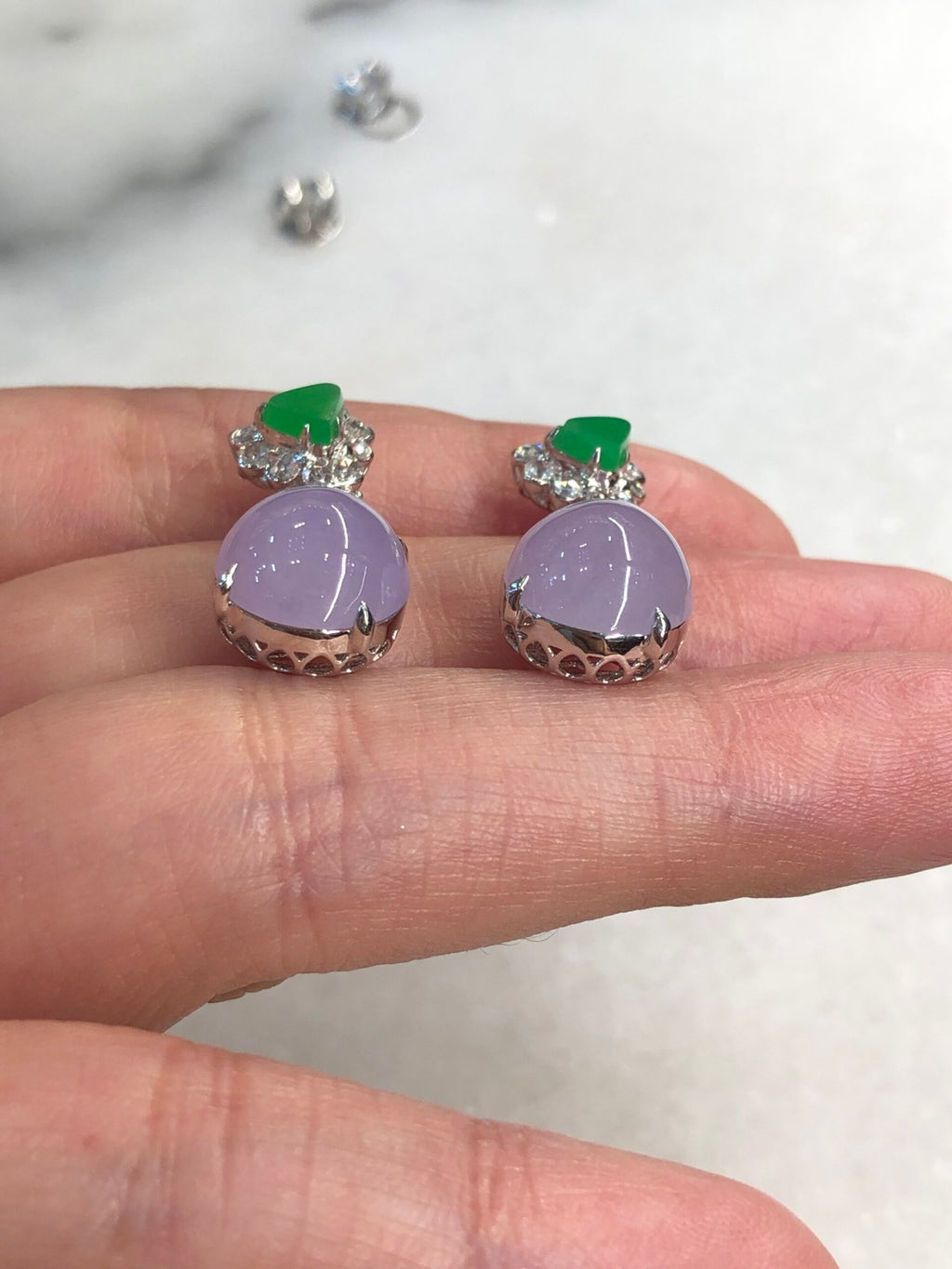 Icy Lavender Cabochons With Green Jade Earrings