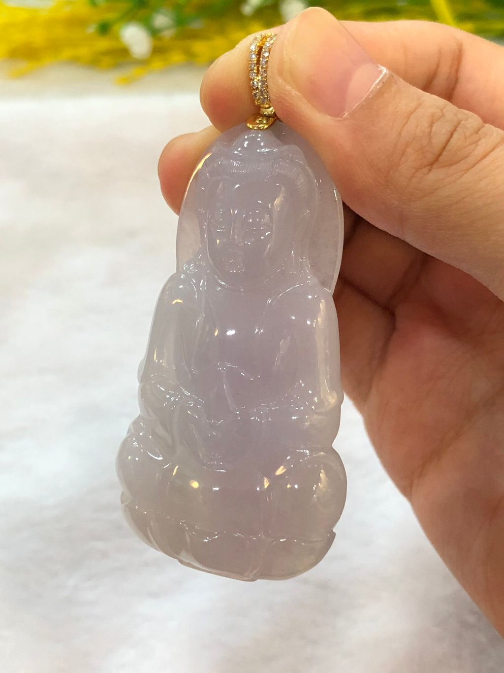 Icy Lavender Jade Guan Yin Pendant