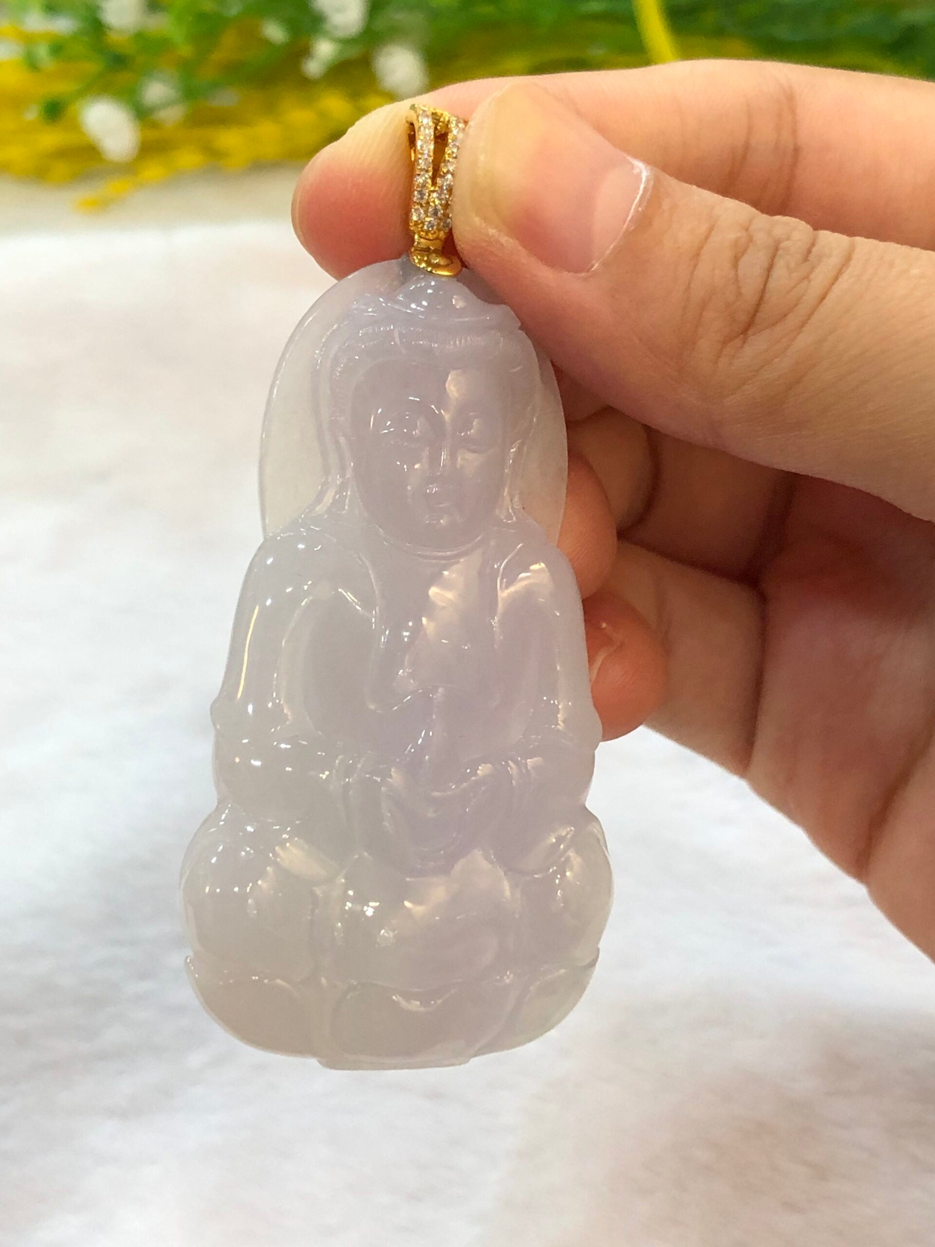 Icy Lavender Jade Guan Yin Pendant