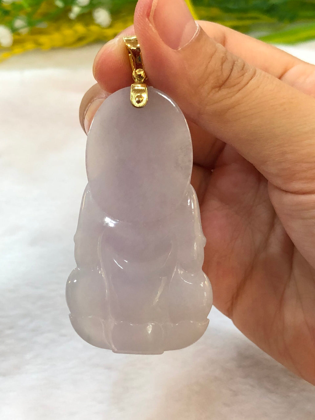 Icy Lavender Jade Guan Yin Pendant