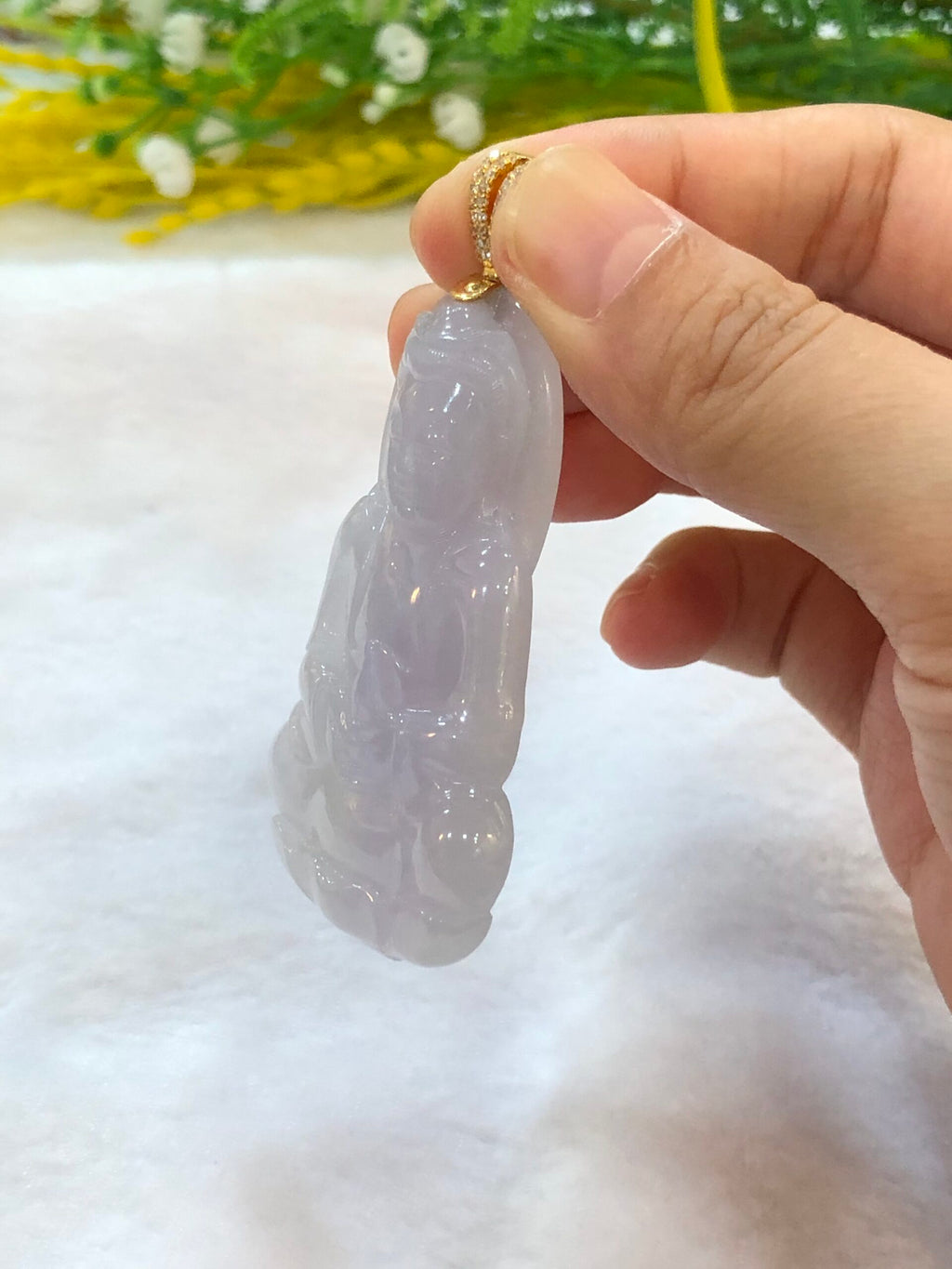 Icy Lavender Jade Guan Yin Pendant