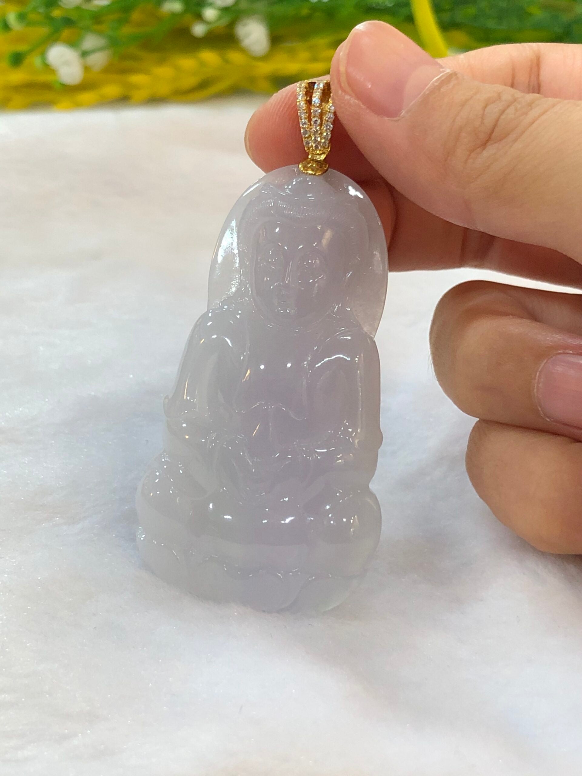 Icy Lavender Jade Guan Yin Pendant