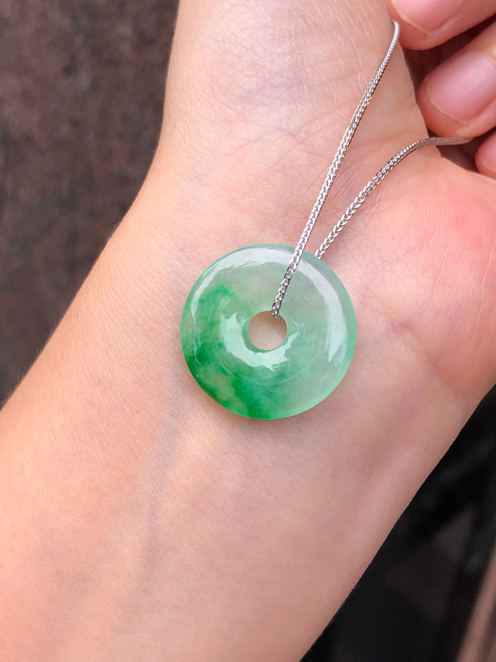 Icy Green Jade Safety Coin with 18k White Gold chain