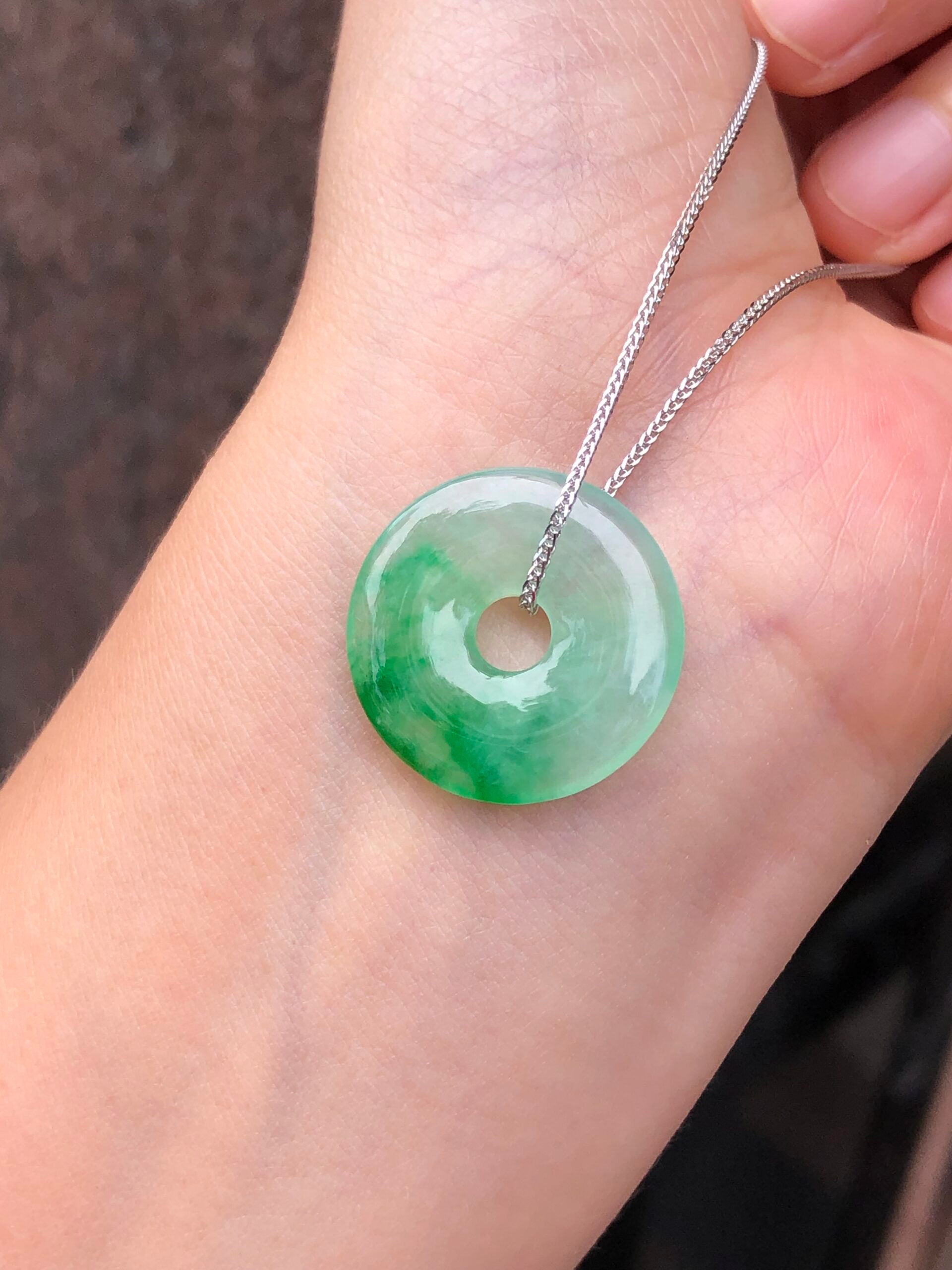 Icy Green Jade Safety Coin with 18k White Gold chain
