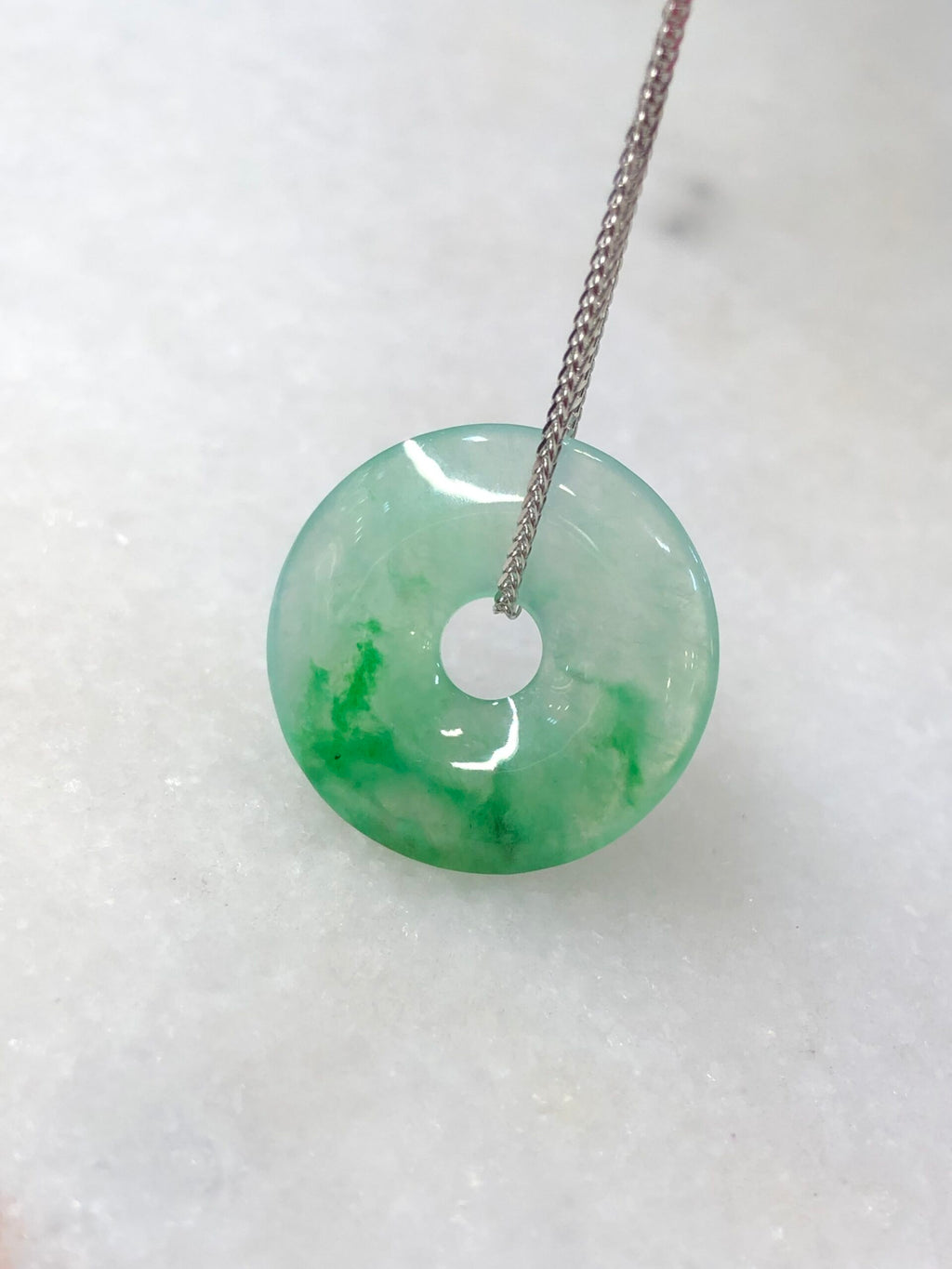 Icy Green Jade Safety Coin with 18k White Gold chain